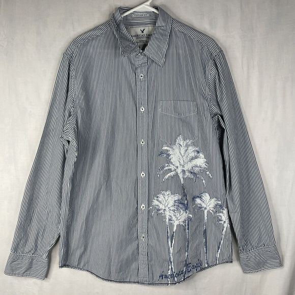 American Eagle Shirt Mens Sz L Palm Tree Button Up Blue Stripe Long Sleeve - Picture 1 of 14